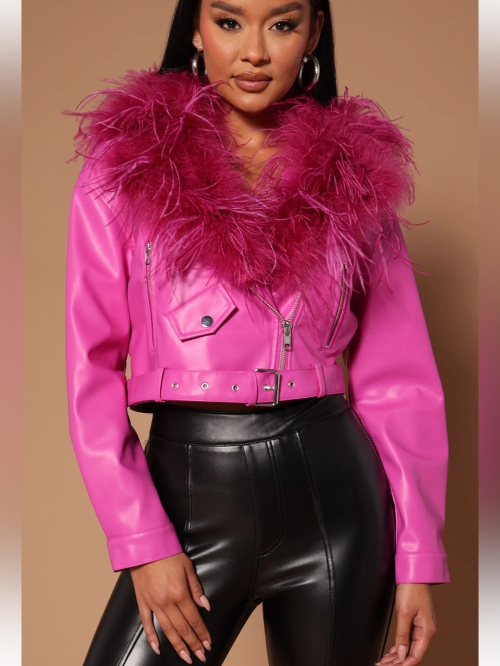 Fashion Nova Luxe Ostrick Feather Faux leather Moto Jacket Pink Size L